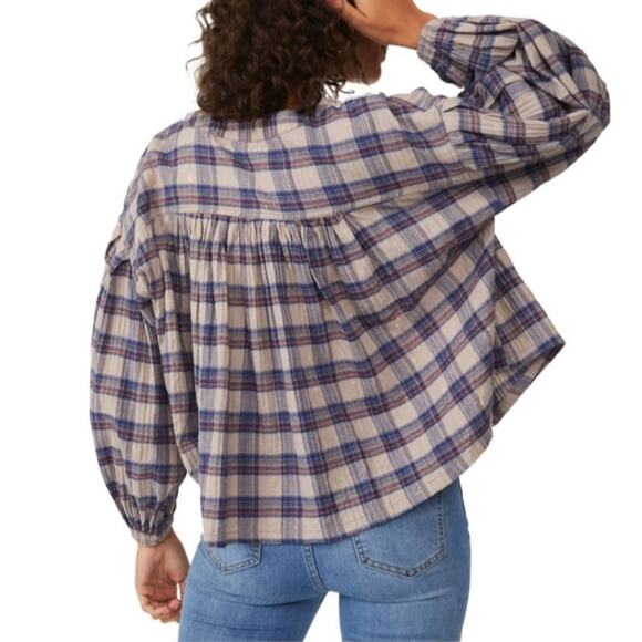 Free People Jessi Plaid Top Grey Combo Balloon Sleeves Oversized Size XS Cotton - Picture 3 of 15